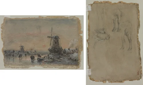 View of Arnheim (recto); Studies of a Bull (verso) by Johan Barthold Jongkind, drawing, 1864