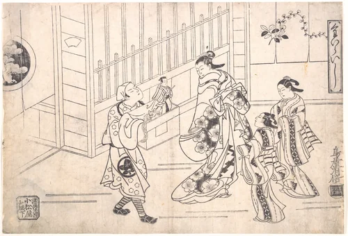 The Actor Ichimura Takenojo VIII in the Role of a Puppeteer, showing Puppets to a Courtesan by Torii Kiyomasu I, print, 1705-1725