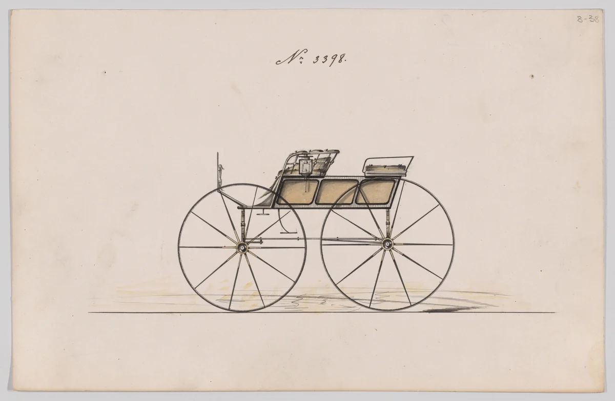Design for 4 seat Phaeton, no top, no. 3398 by Brewster & Co., drawing, 1878