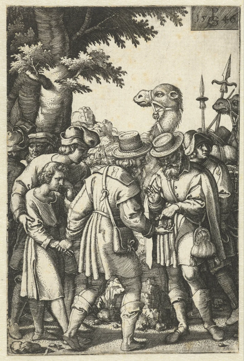 Jozef wordt verkocht aan kooplieden op weg naar Egypte by Unknown, print, 1546