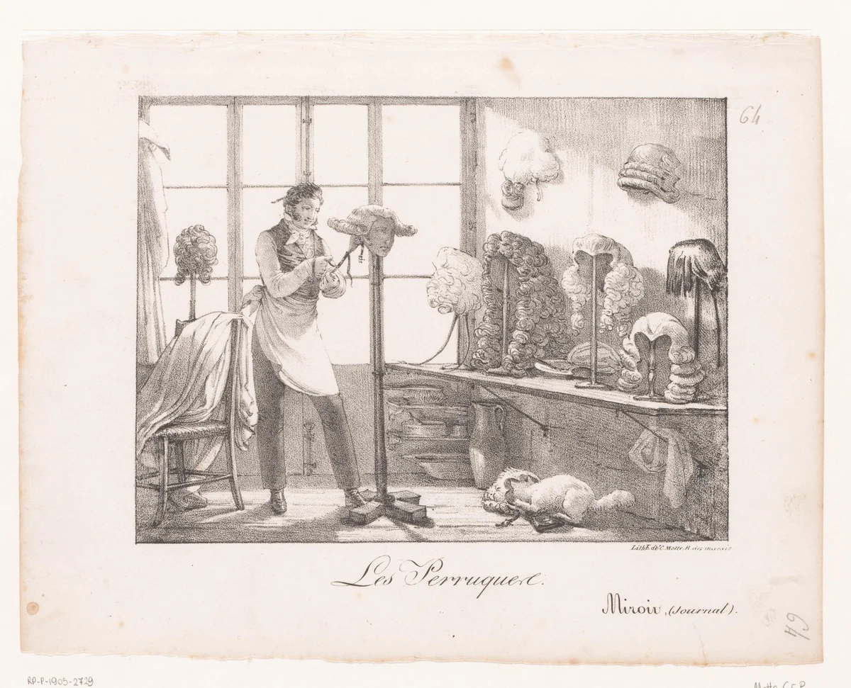 Pruikenmaker aan het werk by anonymous, print, 1821-1823