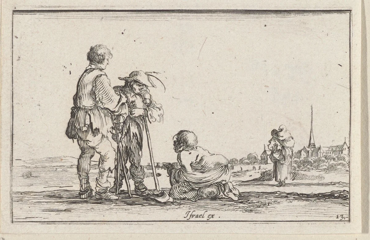 Twee staande mannen praten met een hurkende man by Stefano della Bella, print, 1620-1664