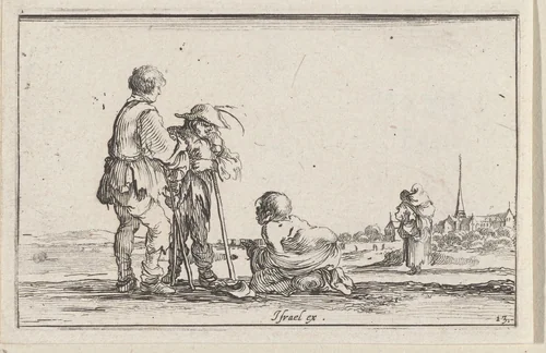 Twee staande mannen praten met een hurkende man by Stefano della Bella, print, 1620-1664