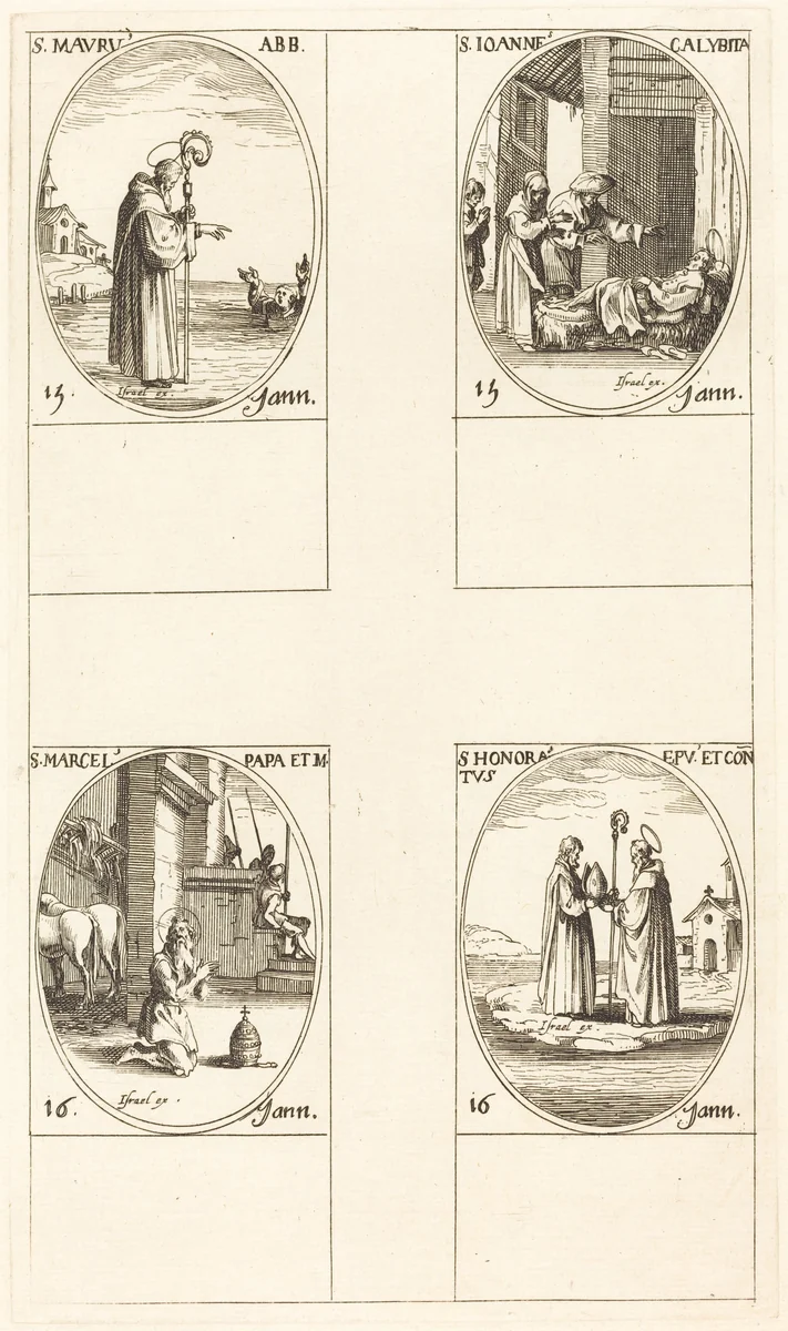 St. Maurus; St. John Calybite; St. Marcellus; St. Honoratus by Jacques Callot, print, 1627-1637