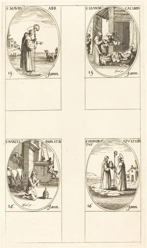 St. Maurus; St. John Calybite; St. Marcellus; St. Honoratus by Jacques Callot, print, 1627-1637