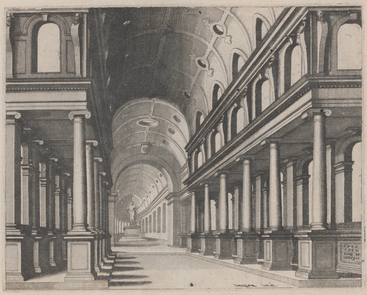 View into a Church with Ionic Columns and a Choir with a Statue by Lucas van Doetechum
Johannes van Doetechum the Elder
Hans Vredeman de Vries
Hieronymus Cock, portfolio, 1560