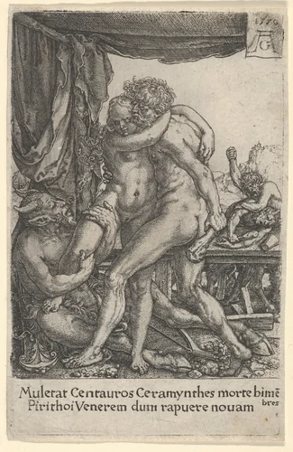 Hercules Preventing the Centaurs from the Rape of Hippodameia, from The Labors of Hercules by Heinrich Aldegrever, print, 1550