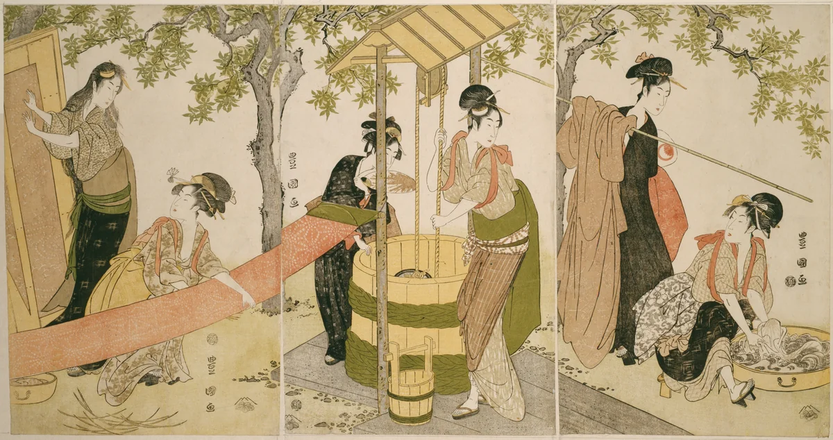 Doing the Laundry by the Well Curb (Idobata no sentaku to araihari) by Utagawa Toyokuni I (初代 歌川 豊国), print, 1790-1800