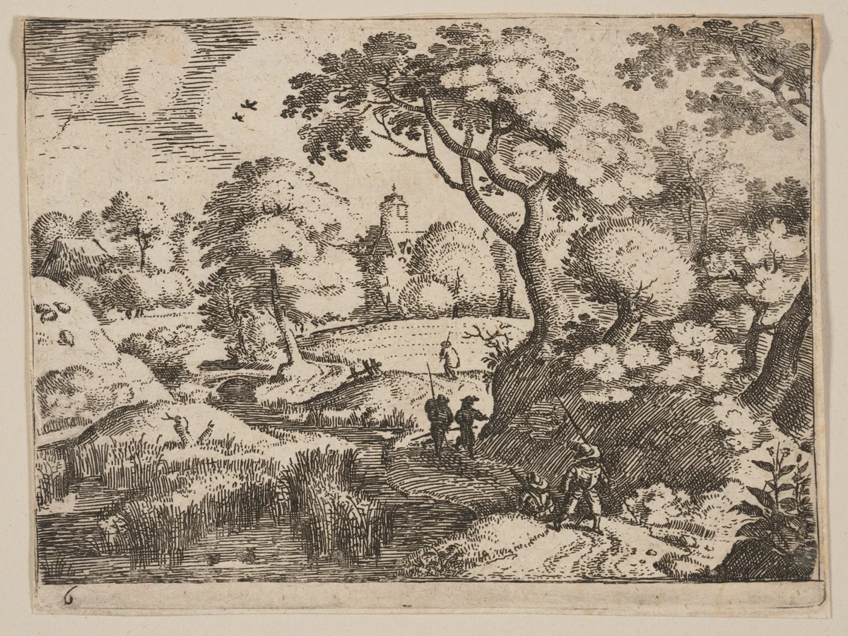 Path between Swamp and Wooded Bank, from Landscapes by Jacob Savery, print, 1590-1600