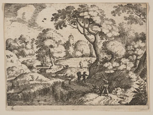 Path between Swamp and Wooded Bank, from Landscapes by Jacob Savery, print, 1590-1600