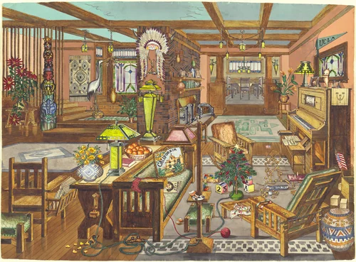 "California Mission" Style Interior by Perkins Harnly, index of american design, 1946