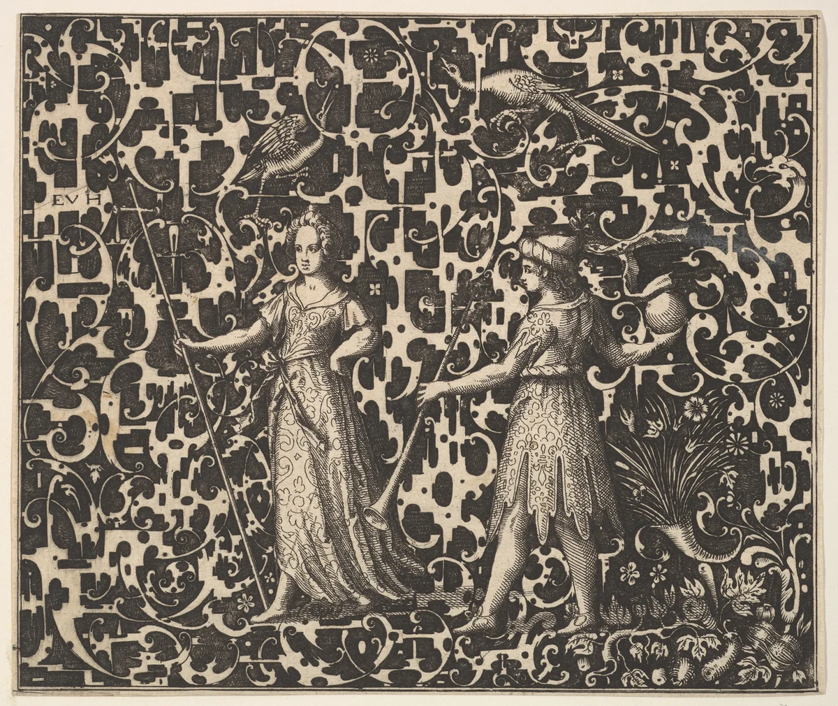 Ornament Print with Schweifwerk and Two (Allegorical?) Figures by Esaias von Hulsen, print, 1610-1620