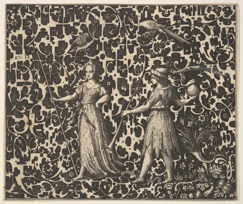 Ornament Print with Schweifwerk and Two (Allegorical?) Figures by Esaias von Hulsen, print, 1610-1620