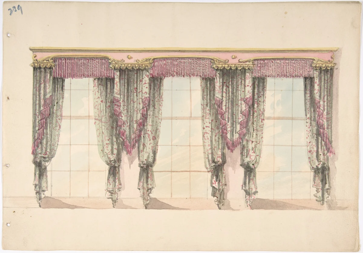 Design for Gray and Pink Curtains with Pink Fringes and a PInk and Gold Pediment by anonymous, drawing, 1800-1850