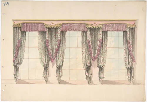 Design for Gray and Pink Curtains with Pink Fringes and a PInk and Gold Pediment by anonymous, drawing, 1800-1850