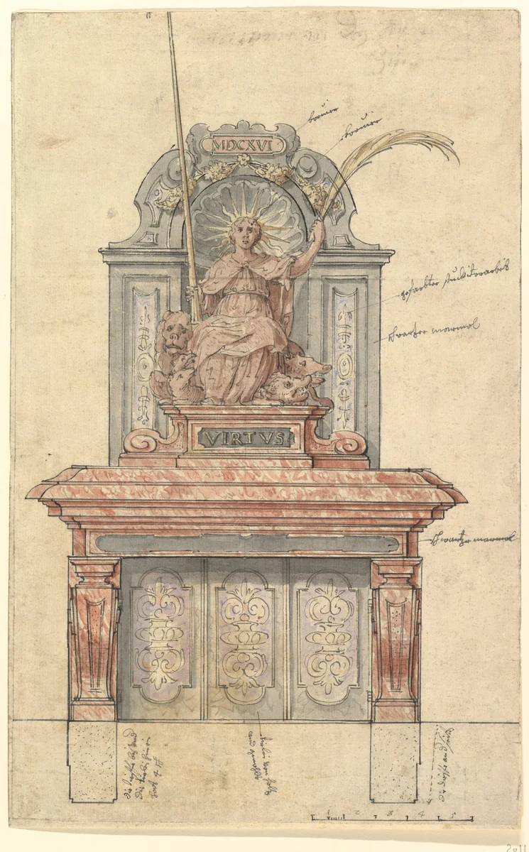 Design for a Chimneypiece with a Personification of Virtue by anonymous, drawing, 1616
