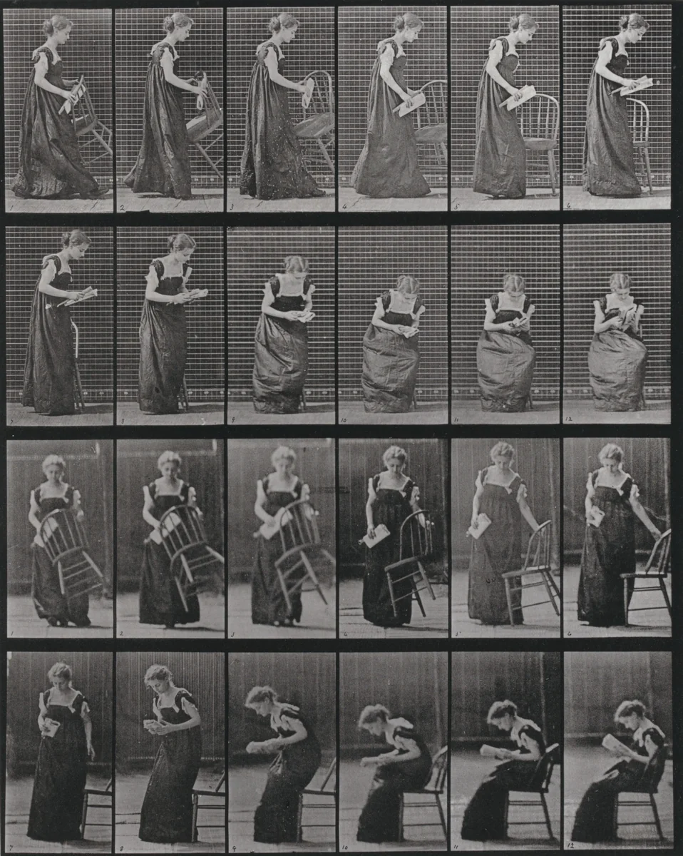 Plate Number 241. Placing a chair, sitting and reading by Eadweard Muybridge, photograph, 1887
