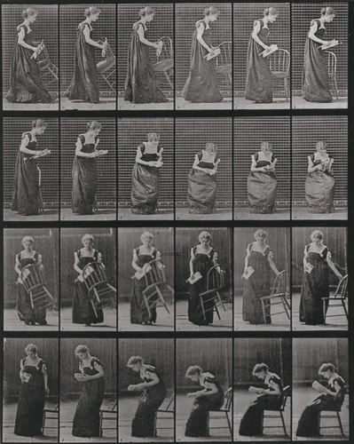 Plate Number 241. Placing a chair, sitting and reading by Eadweard Muybridge, photograph, 1887
