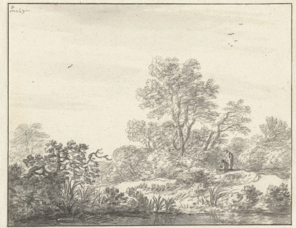 Twee figuren tussen geboomte aan de oever van een water by Pieter de Molijn, drawing, 1650-1660