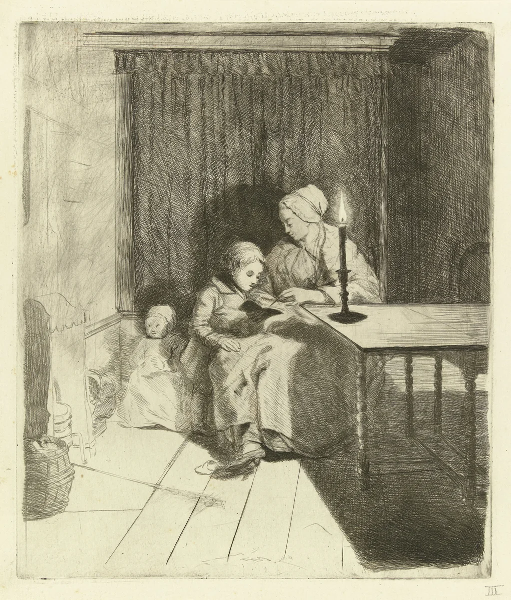 Moeder geeft haar zoon les by Louis Bernard Coclers, print, 1756-1817