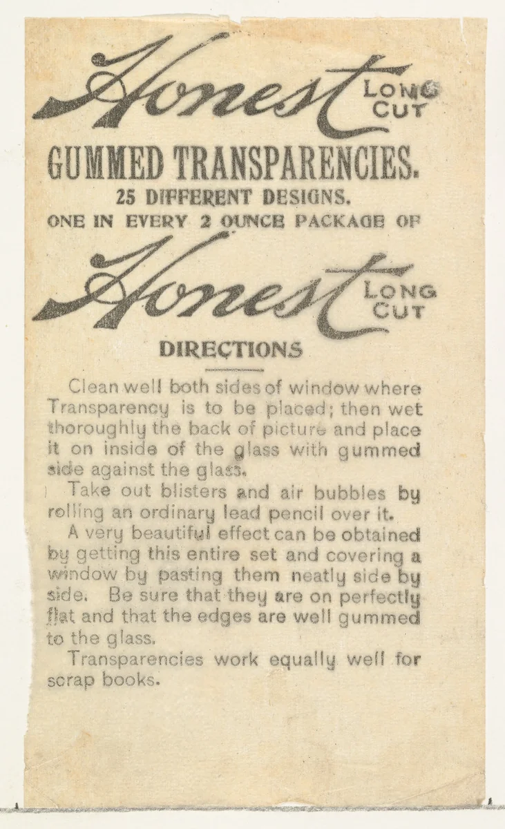 Instruction insert from the Transparencies series (N137) issued by W. Duke, Sons & Co. to promote Honest Long Cut Tobacco by W. Duke, Sons & Co., print, 1884-1890