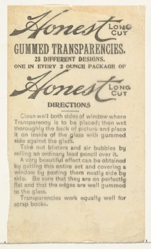 Instruction insert from the Transparencies series (N137) issued by W. Duke, Sons & Co. to promote Honest Long Cut Tobacco by W. Duke, Sons & Co., print, 1884-1890