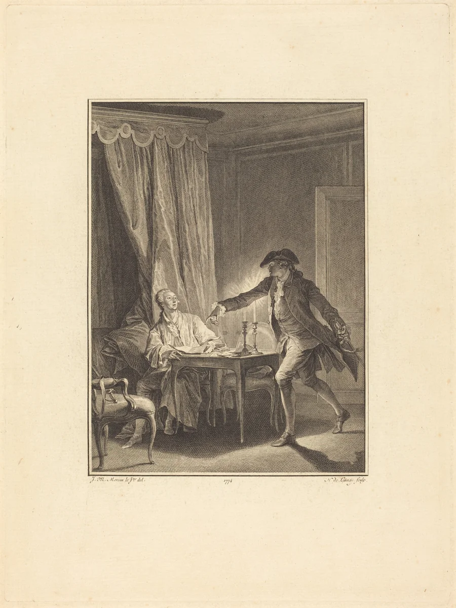 Ah! Jeune homme à ton bienfaiteur by Nicolas Delaunay; Jean-Michel Moreau the Younger, print, 1774