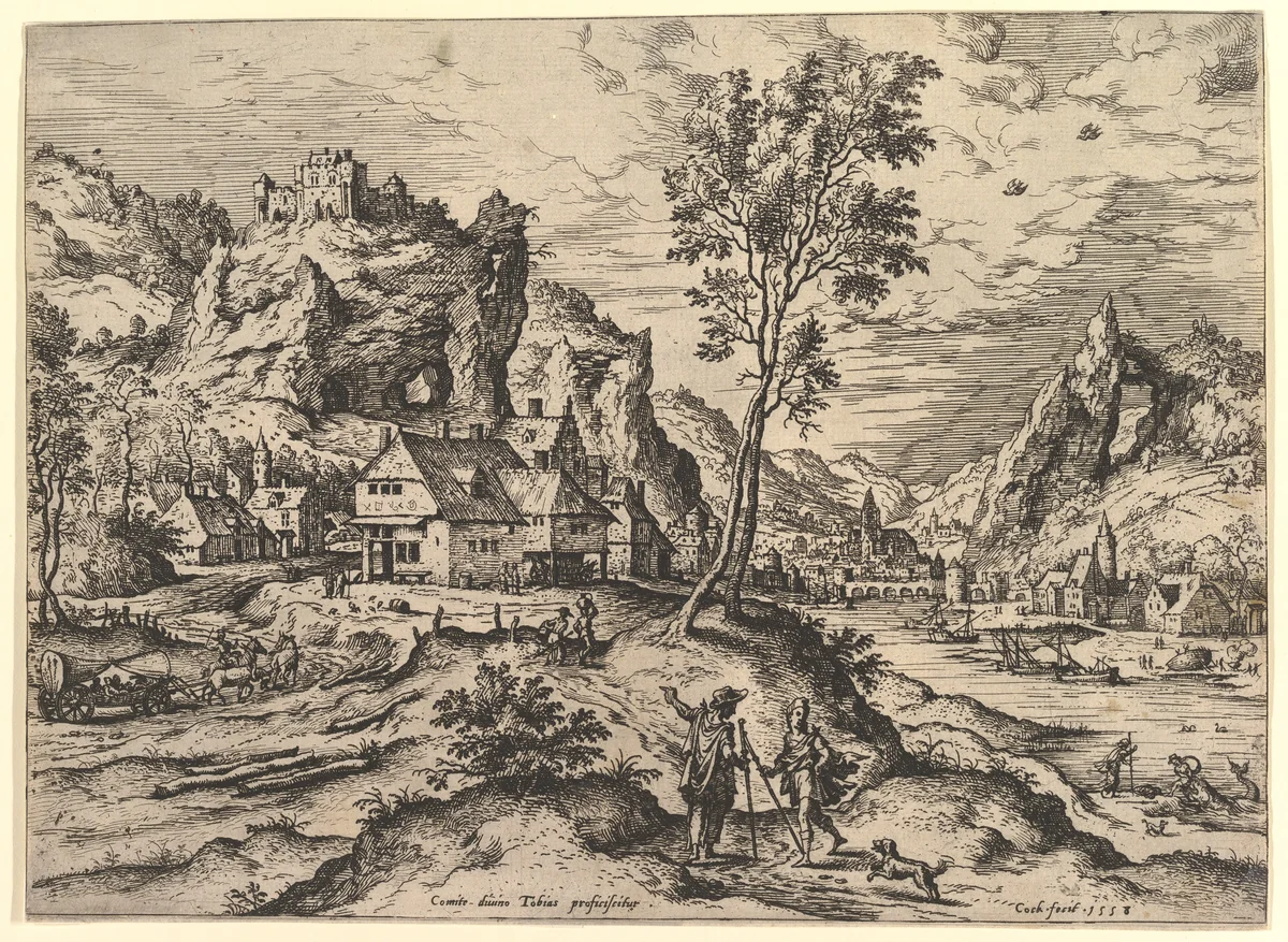 Tobit, from "Landscapes with Biblical and Mythological Scenes" by Hieronymus Cock, print, 1558