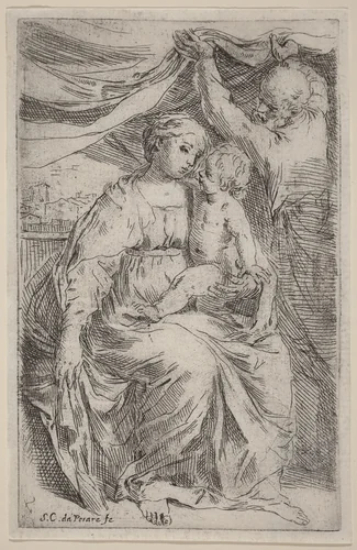 The Holy Family by Simone Cantarini, print, 1612-1648