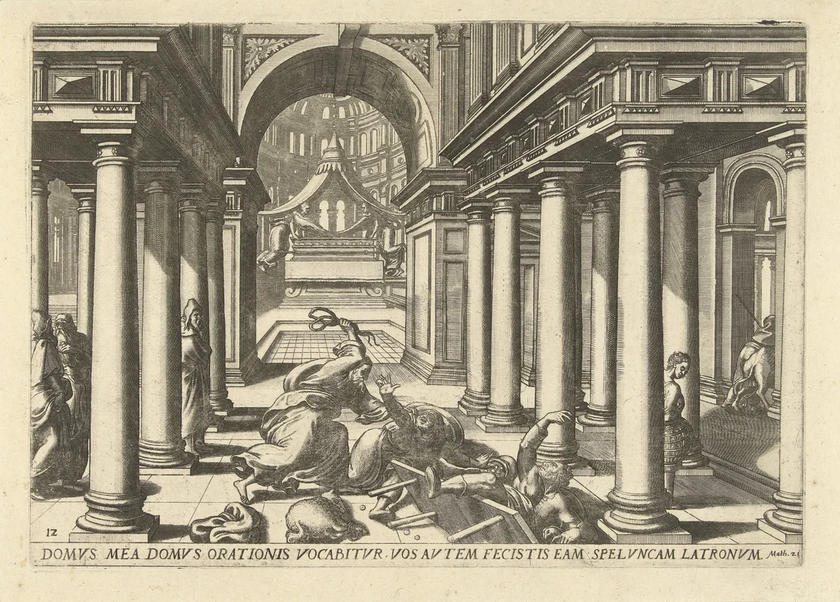Christus jaagt de geldwisselaars uit de tempel by Lucas van Doetechum, print, 1572