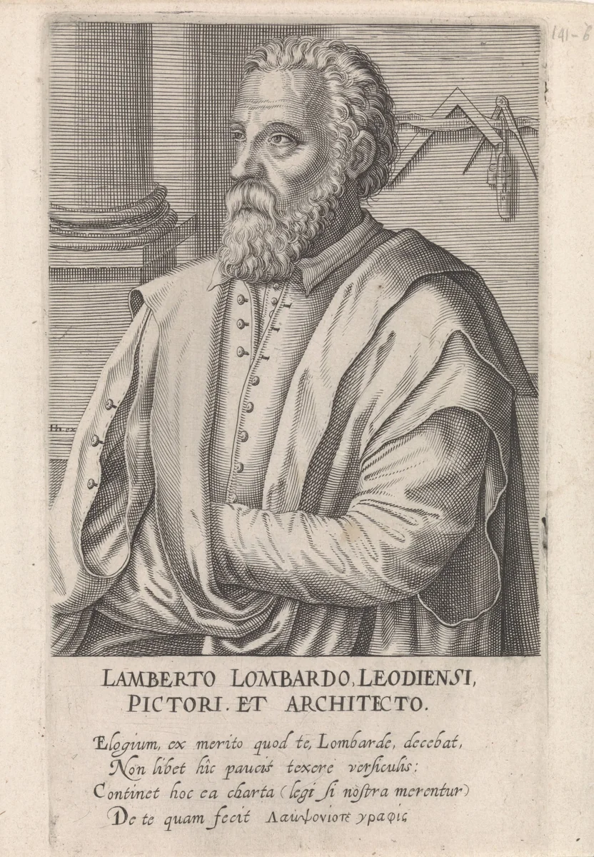 Portret van Lambert Lombard by Hendrick Hondius, print, 1610