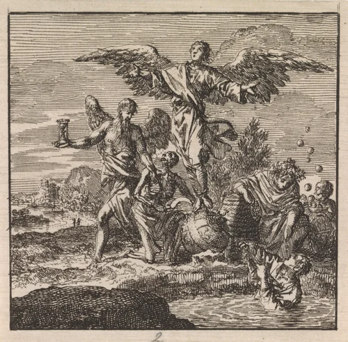Vrome geest slaat zijn vleugels uit by Jan Luyken, print, 1710
