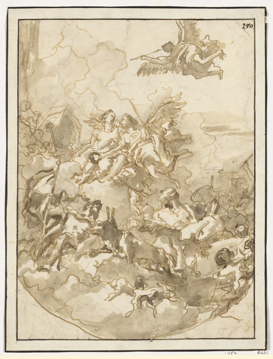 Sketch for a Ceiling with an Allegory of Fortitude and Wisdom by Giovanni Domenico Tiepolo, drawing, 1780-1785