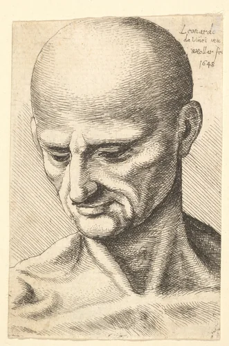 Head of a bald, sinewy man looking downwards by Wenceslaus Hollar, print, 1648
