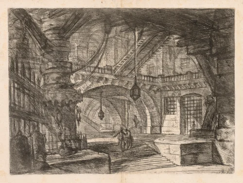 The Prisons: A Wide Hall with Lanterns by Giovanni Battista Piranesi, print, 1745-1750