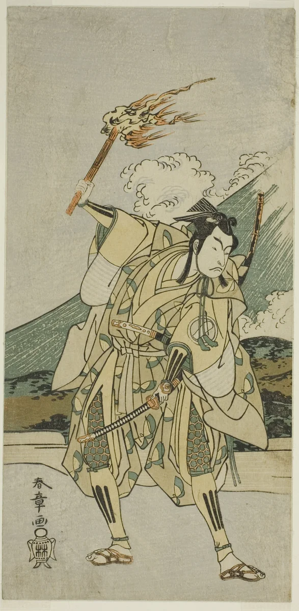 The Actor Ichikawa Monnosuke II as Soga no Goro Tokimune in the Play Haru wa Soga Akebono-zoshi (?), Performed at the Nakamura Theater (?) in the First Month, 1772 (?) by Katsukawa Shunsho (勝川 春章), print, 1767-1777
