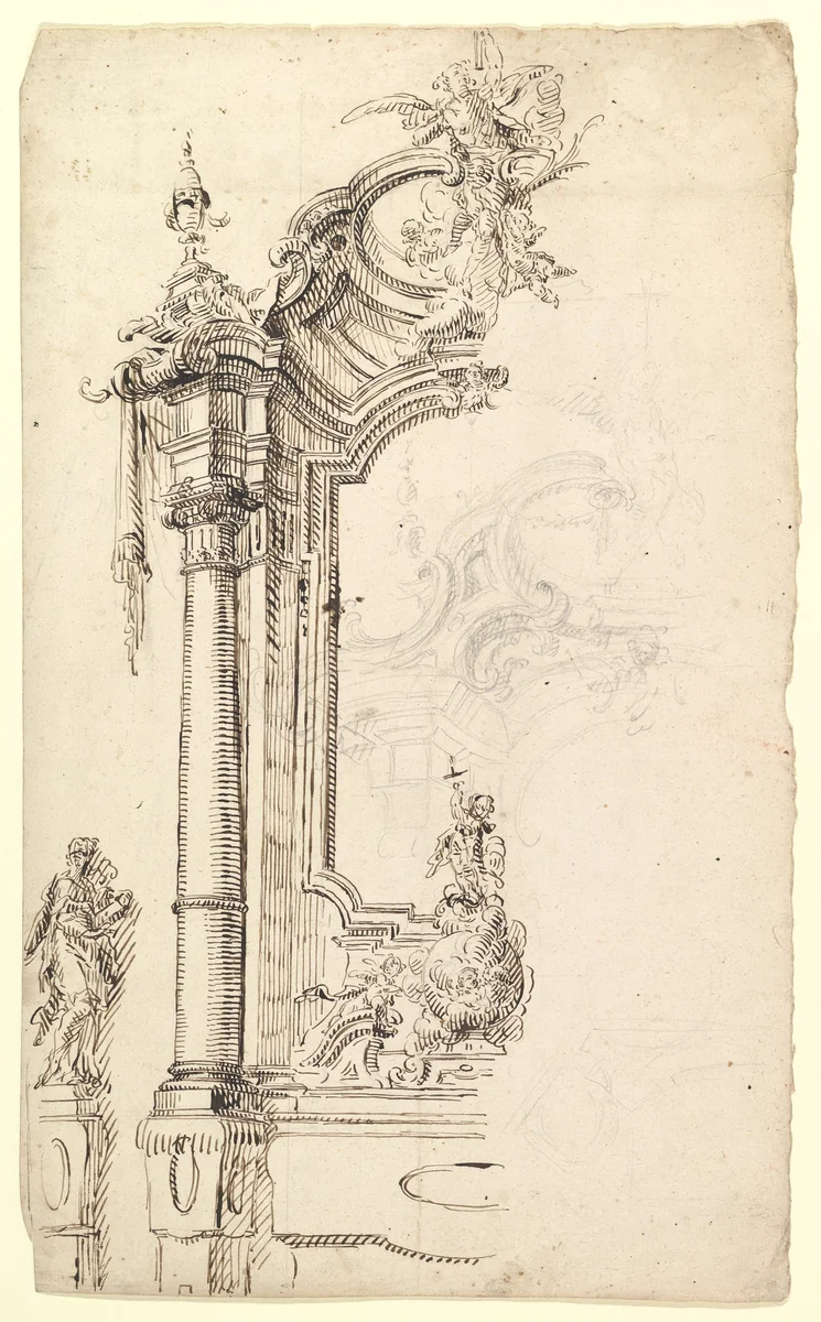 Study for an Altar with a Figure on a Raised Socle at Left; verso: Study for an Altar with a Figure of an Angel or Saint by Joseph Anton Feuchtmayer, drawing, 1715-1725