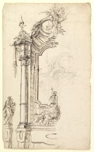 Study for an Altar with a Figure on a Raised Socle at Left; verso: Study for an Altar with a Figure of an Angel or Saint by Joseph Anton Feuchtmayer, drawing, 1715-1725