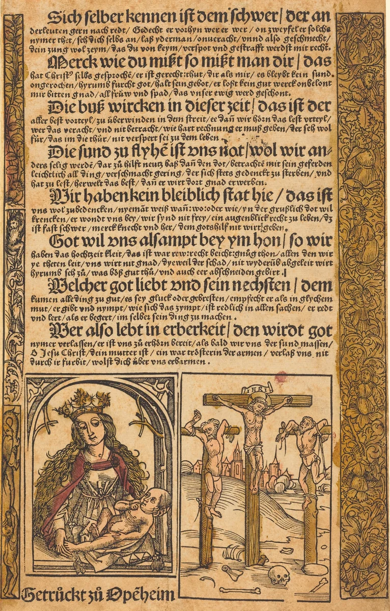 Broadside with Two Scenes from the Life of Christ, and Grotesque Borders by German 15th Century, print, 1475-1500