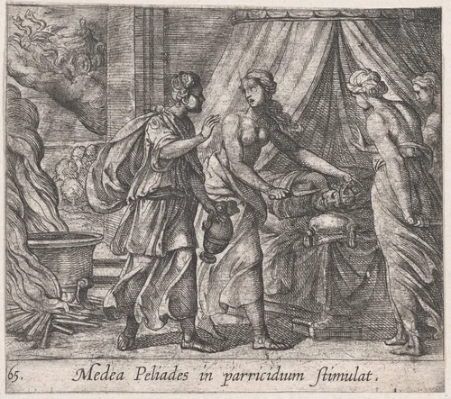 Plate 65: Medea Urging the Daughters of King Pellias to Murder Their Father (Medea Peliades in parricidium stimulat), from Ovid's 'Metamorphoses' by Antonio Tempesta, print, 1606