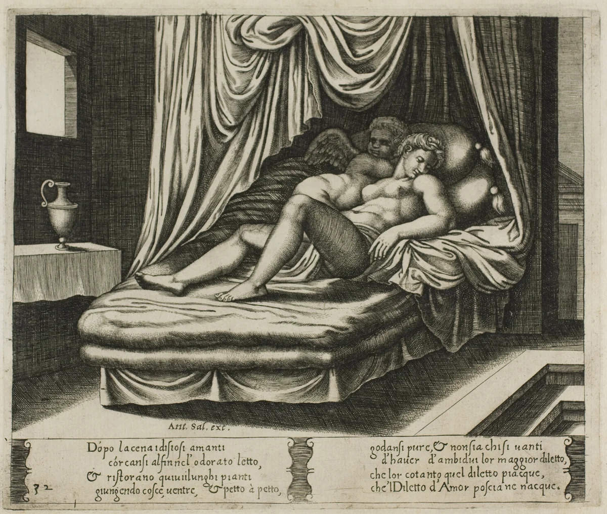 Cupid and Psyche Together in the Nuptial Bed by Raffaello Sanzio, print, 1530-1540