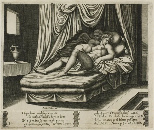 Cupid and Psyche Together in the Nuptial Bed by Raffaello Sanzio, print, 1530-1540
