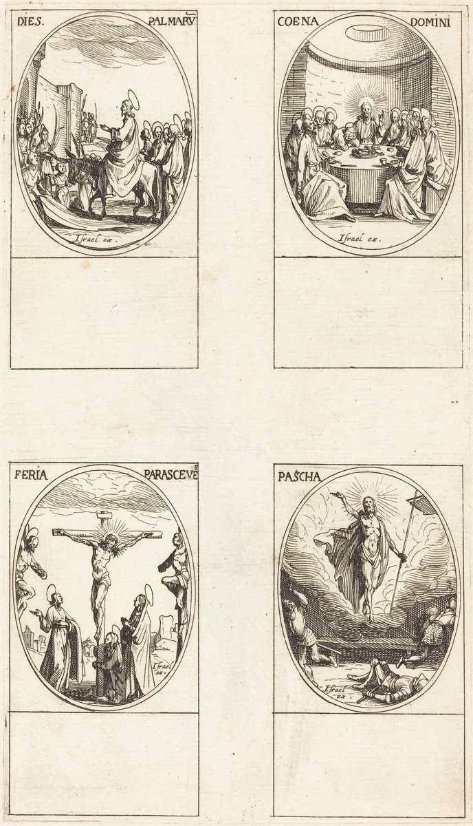 Entry into Jerusalem; Last Supper; Crucifixion; Resurrection by Jacques Callot, print, 1627-1637
