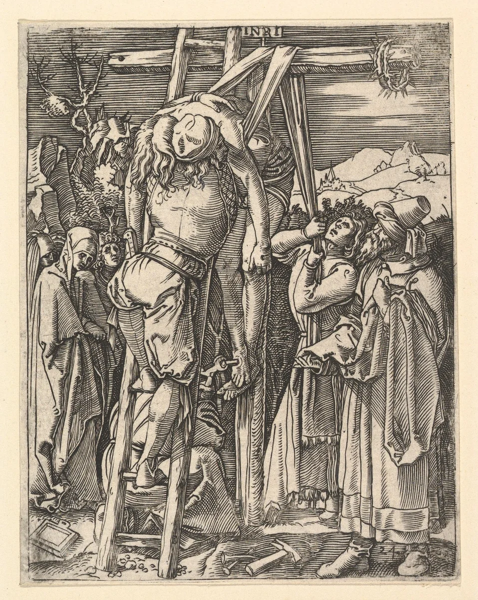 The Descent from the Cross; Christ being taken from the cross, St John supports weight with cloth rope, from "The Passion of Christ", after Dürer by Marcantonio Raimondi, print, 1495-1539