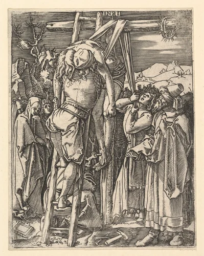 The Descent from the Cross; Christ being taken from the cross, St John supports weight with cloth rope, from "The Passion of Christ", after Dürer by Marcantonio Raimondi, print, 1495-1539