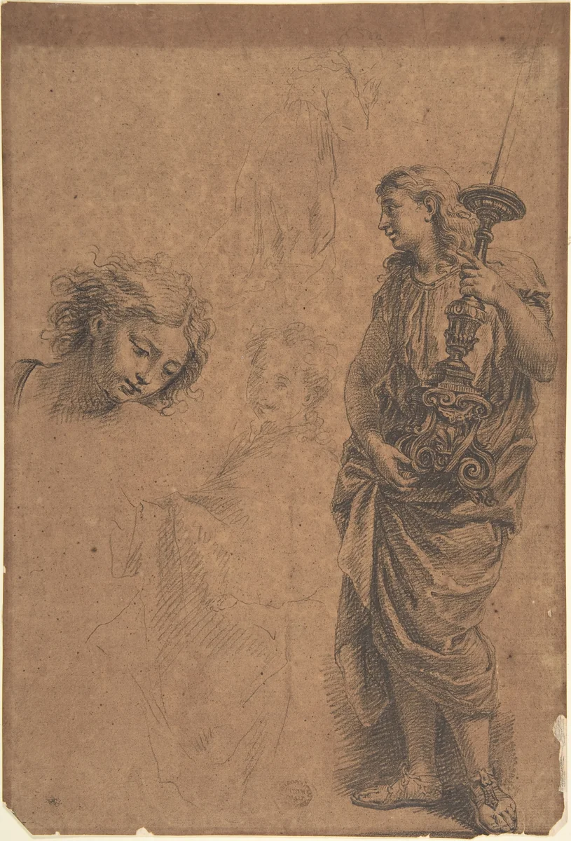 Studies: Figure Holding a Candlestand, Woman with Left Arm Extended, Head Looking Down towards the Right, Kneeling Woman by anonymous, drawing, 1600-1700