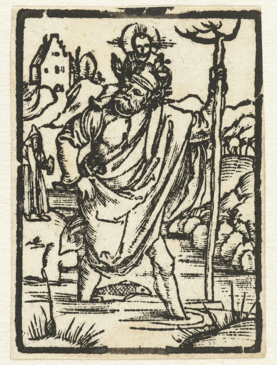 De Heilige Christoffel draagt het Christuskind by Unknown, print, 1503