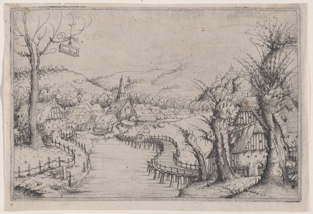 River Landscape with Three Bare Willow-Trees at Right and a Long Winding Wooden Bridge at Center Leading to a Village by Augustin Hirschvogel, print, 1546
