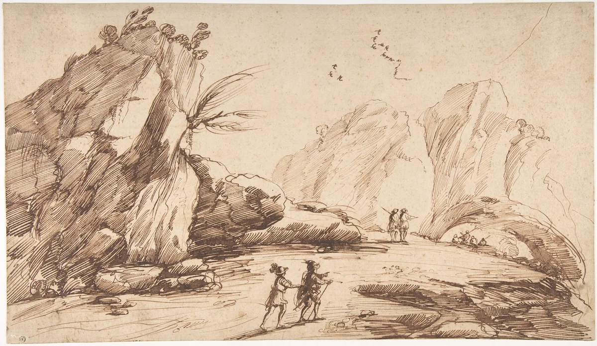 Rocky Landscape with Eight Figures by Guercino, drawing, 1750-1780