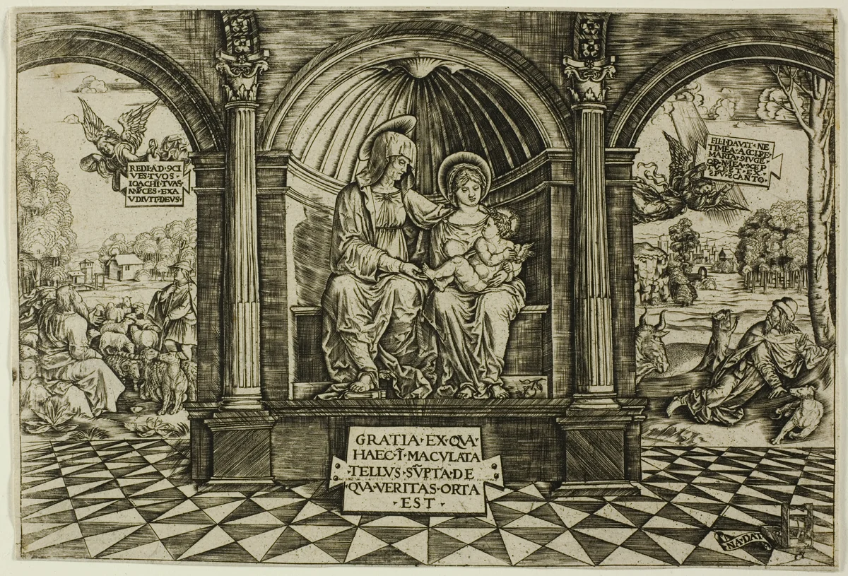 The Virgin and Child Enthroned with Saint Anne by Master NA. DAT with the Mousetrap, print, 1512-1513